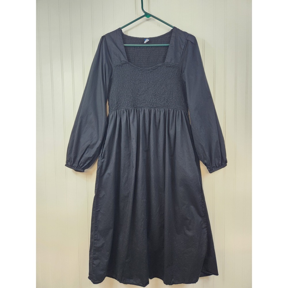 Old Navy Black Smocked Midi Dress Long Puff Sleeve Square Neck Pockets Large